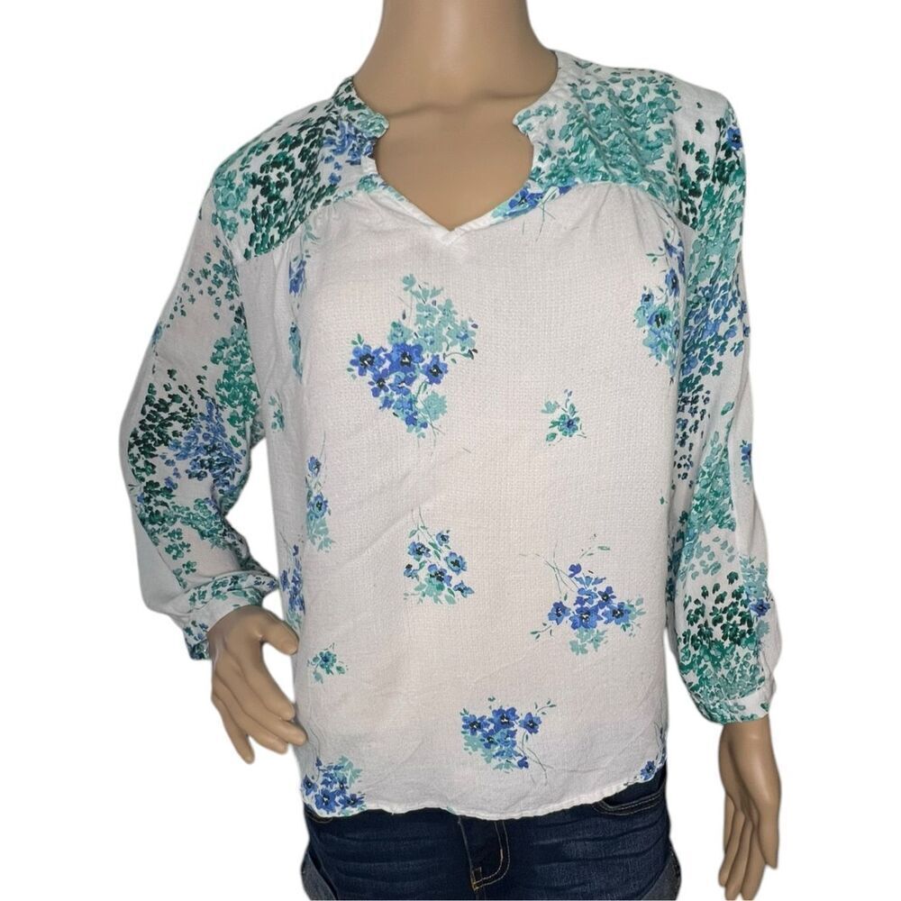 Lucky Brand Watercolor Floral Patterned Long Sleeve Loose Fit Blouse